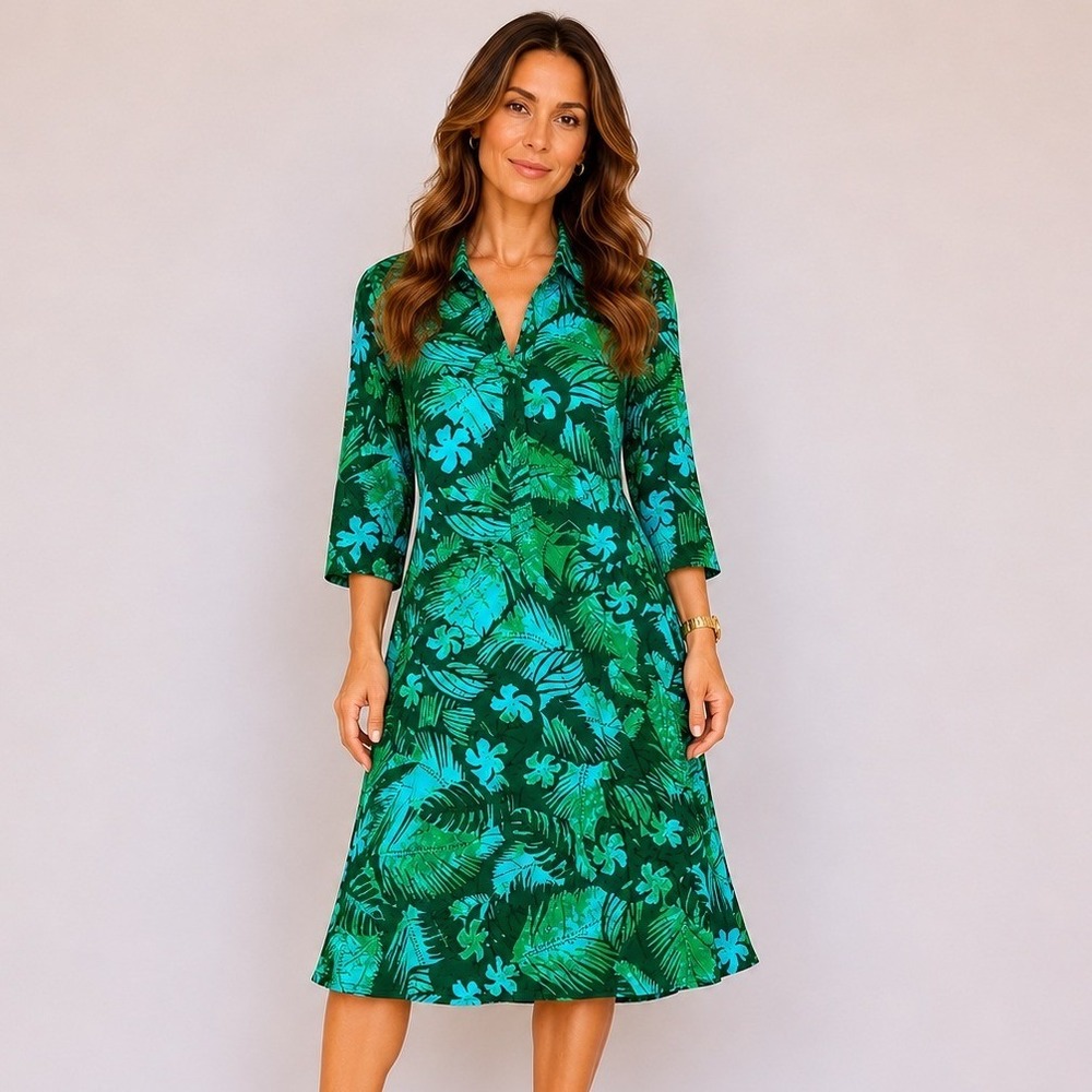 Blue Ginger Tunic Dress Womens XL Green Tropical Palm Print Rayon 3/4 Sleeve